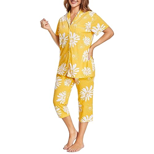 Image of Tugege Capri Pajamas Set Womens Button Down Short Sleeve Lounge Sets Sleepwear Notch Collar Top & Capri 2 Piece PJ Sets