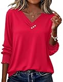 Rapbin Bluse Damen Elegant 3/4 Arm Shirt Oberteil Tunika V-Ausschnitt T-Shirt Sommer Casual Tops Rot...