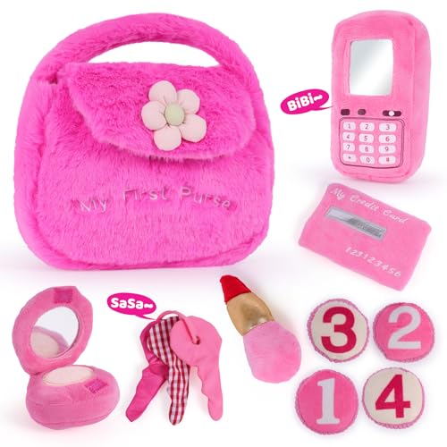 Noosuna Plush Toddler Purse My First Purse Little Girl Purse with Soft Sensory Toy (Machine Washable) Pretend Play Toys for Girls Ages 1+ Perfect for Birthdays Childrens Day Christmas