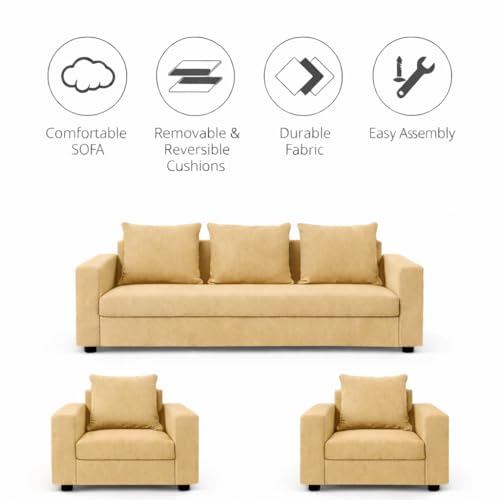 Image of Wood 3+1+1 Sofa Set 5 Seater | Velvet Fabric Upholstery | Wooden Frame Sofa Set with 3 Seater & 2 Single Chairs for Living Room, Home & Office (Golden)