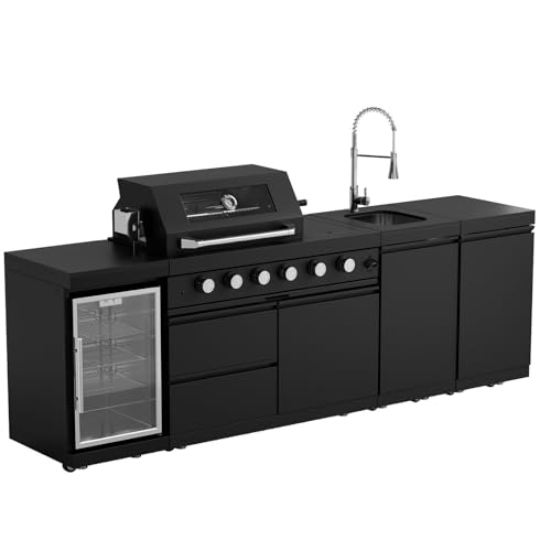 Outdoor Kitchen Island with Grill Modular Outdoor Kitchen Kits with Electric Rotisserie, BBQ Grill, Sink, Refrigerator and Cabinets Suitable for More than 10 Person