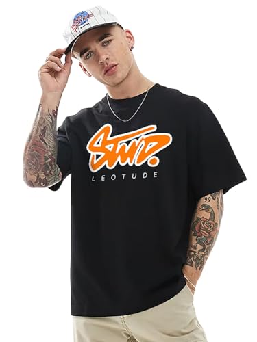 Image of LEOTUDE Half Sleeve Oversized Tshirt for Men, Round Neck Cottonblend Drop Shoulder Printed T-Shirt (Black Color)