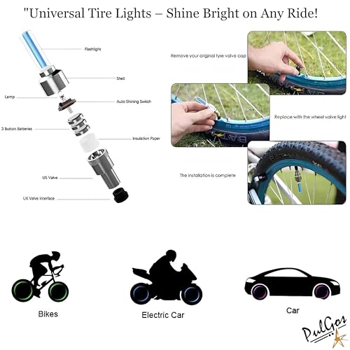 Image of PulGos Bicycle Tyre Led Light Rim Valve Cap Flashing with Motion Sensor Blue LED for Bicycle Set of 2 Blue LED Wheel Reflectors, Cycle Accessories, Smooth Tread, Reliable Grip, Cycle Tyre Valve Light