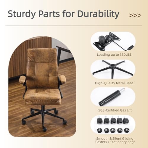 Bonnlo Comfy Leather Office Desk Chair,Ergonomic High-Back Executive Computer Gaming Chair with Replaceable Wheels, Adjustable Height & Flip-up Armrests,360 Swivel Task Chair for Home Office, Brown - Image 5