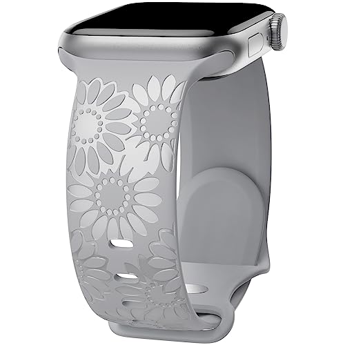 Image of Sunflower Engraved Band Compatible with Apple Watch Bands 38mm 40mm 41mm 42mm 44mm 45mm 49mm Women, Designer Soft Glossy Floral Silicone Strap for iWatch Series Ultra 11 10 9 8 7 6 SE 5 4 3 2 1
