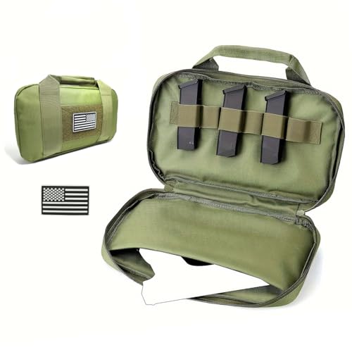 GAZJYUSP Tactical Pistol Case Bag Firearm Shooting Case for Shooting Range Outdoor Hunting Handgun Bag for Full-Size Handguns and Magazines Storage Bag Gun Case Soft Gun Carrying Storage Bag (Green)