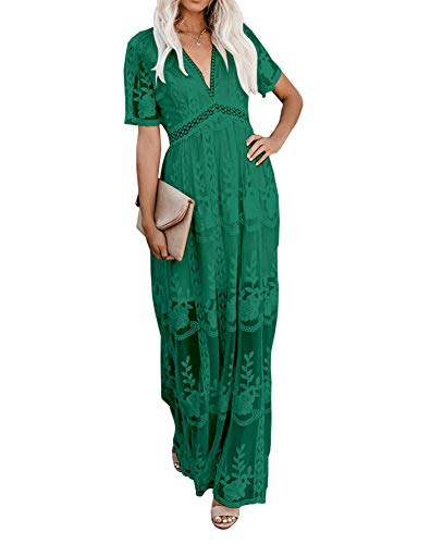 Women s Embroidery Deep V Neck Short Sleeve Lace Dress Floral Long Maxi Dresses (M, style1 Green)