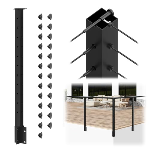 Image of BLIKA 36 inch Side Mount Outside Corner Post, Stainless Steel, 3-Side Drilled Fascia Mount Post for Cable Railing Kit, Black Powder Coated Side Mount Outer Corner Post