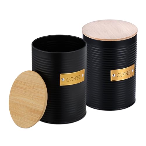 Relaxdays Barattolo caffè con Coperchio Ermetico in bambù, 2 Contenitori Metallo da Cucina HxD 16x11 cm, Nero Naturale, Acciaio, Silicone, 2 unità