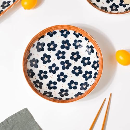 Image of YELONA Ceramic Plate Set of 4 | 8-Inch Floral Print Porcelain Dinner Plates | Japanese Style | Microwave & Dishwasher Safe | 20 CM | Lead-Free Tableware