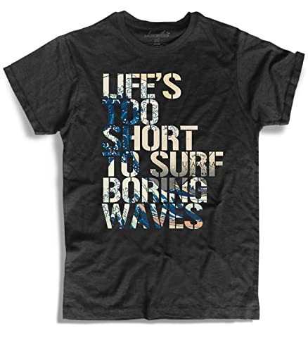 3styler Camiseta de hombre negra Life's Too Short to Surf Boring Waves - Uvamara Surf Voltri Shirt - Línea Amazink - Algodón flameado (Slub) 150 gr/m², Negro , S