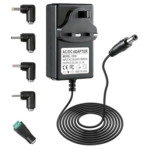 18V 1A AC to DC Power Supply Adapter, 100-240V Charger 18 Volt 100mA~1000mA with 5 DC Connector Center Positive for 18V Logitech Radio, Speaker, Sound Bar (Not for Drill or Guitar, Not for Battery)