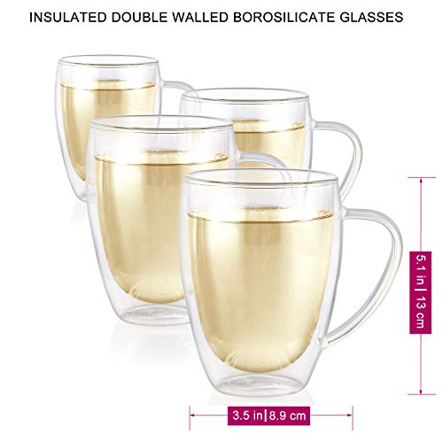 Teabloom Double Walled Mugs - 12 Oz / 350 Ml – Set Of 4 Insulated Glass Mugs For Tea, Coffee, And More – Clear Bliss Collection #TOP3