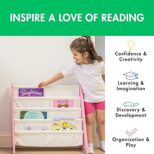 Image of Humble Crew Kids Bookshelf, 4-Tier Front-Facing Book Display Organizer, Montessori Toddler Bookcase for Playroom, Bedroom & Reading Corner, Pink /White