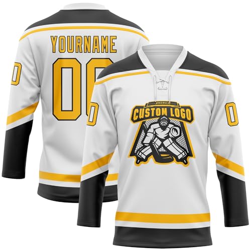 Custom White Gold-Black Hockey Lace Neck Jersey, Hockey Practice Jersey, Custom Hockey Jerseys for Men, Hockey Jerseys, Custom Hockey Jersey with Logo, Hockey Jersey, Hockey Jerseys for Men