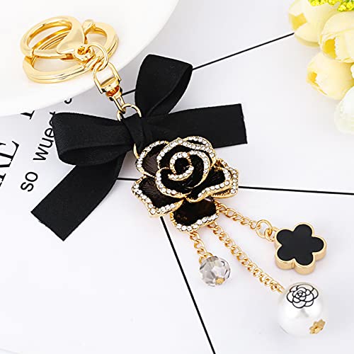 Swjewel Flower Tassel Bow-Knot Keychain Pearl Car Keyring Holder Purse Bag Pendant Charm Cute Handbag Key Chain Personalized Keyring Golden For Women (Black) #TOP7