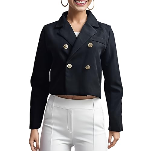 Women's Double Breasted Blazer Button Long Sleeve Fashion Business Casual Short Casual Suit Jacket