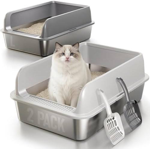 2 Pack Katzenklo Edelstahl Gehege mit Deckel, Katzentoilette aus Edelstahl | Katzenklo Mit Hochwandigem Seitengehäuse, Nicht-Klebrig, Auslaufsicher & Einfach zu Reinigen, nklusive