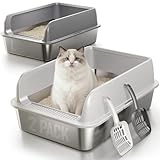 2 Pack Katzenklo Edelstahl Gehege mit Deckel, große Katzentoilette aus Edelstahl, Katzenklo Mit Hochwandigem Seitengehäuse, Nicht-Klebrig, Auslaufsicher & Einfach zu Reinigen, nklusive Schaufel, L