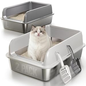 2 Pack Katzenklo Edelstahl Gehege mit Deckel, große Katzentoilette aus Edelstahl, Katzenklo Mit Hochwandigem Seitengehäuse, Nicht-Klebrig, Auslaufsicher & Einfach zu Reinigen, nklusive Schaufel, L