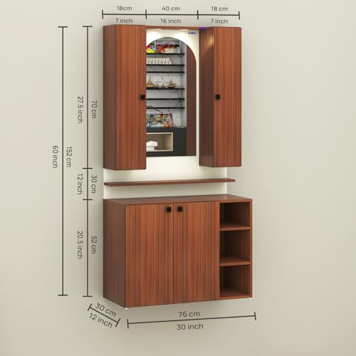 Image of Anikaa Opulex Engineered Wood Dressing Table with Mirror Cabinet, LED Lights, Storage Shelves & Back Panel - Wall Mounted Makeup Vanity & Organizer for Bedroom -(Walnut /White) DIY Installation