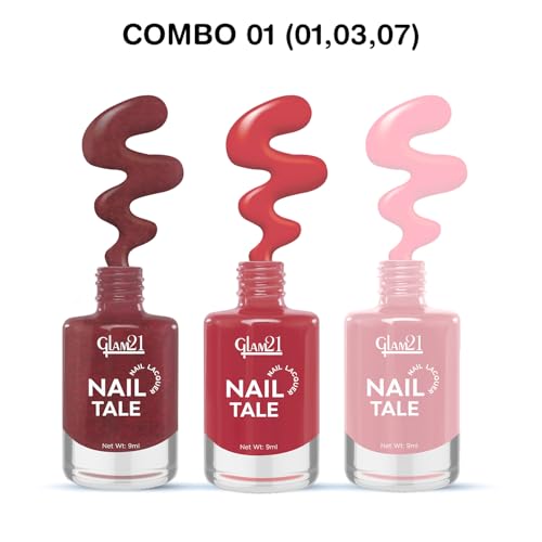 Image of Glam21 Nail Tale- Nail Lacquer|Set of 3|Multicolor|Quick Drying Nail Polish| Glossy Gel Finish Nail Kit | Highly Pigmented & Long Lasting | Chip Resistance|9ml Each|Shade-01