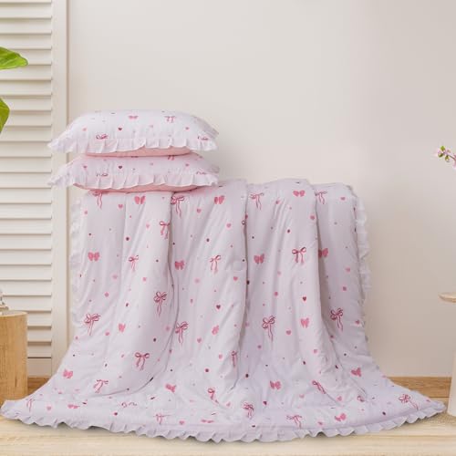 Image of A Nice Night Polka Dot Bow Comforter Set,6 Piece Bed in a Bag Chic Bowknot Bedding Sets,Princess Style,White Room Decor for Girls,Full