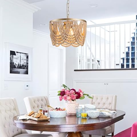 SEFINN FOUR Mini Convertible Chandelier, 3-Light Pre-Assembled Chandelier with Wooded Bead Shade, Hanging Length Adjustable, Gold Cover