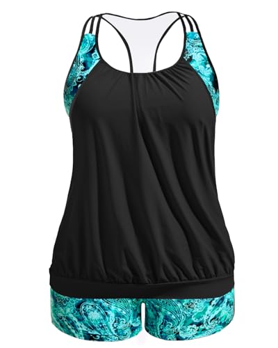 Image of Womens Plus Size Tankini Swimsuit Two Piece Tummy Control Bathing Suit | Blouson Racerback Tankini Top with Shorts, Double Up Design, Removable Pad