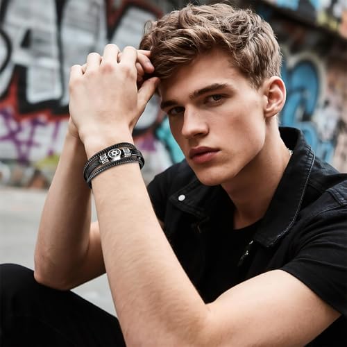 OIDEA Davidstern Armband & Halskette Set: Herren Schmuck Set Edelstahl Kette mit Davidstern Kreuz Anhänger Silber mit geflochtener Leder Armband Schwarz Geschenk für Männer Freund Familie