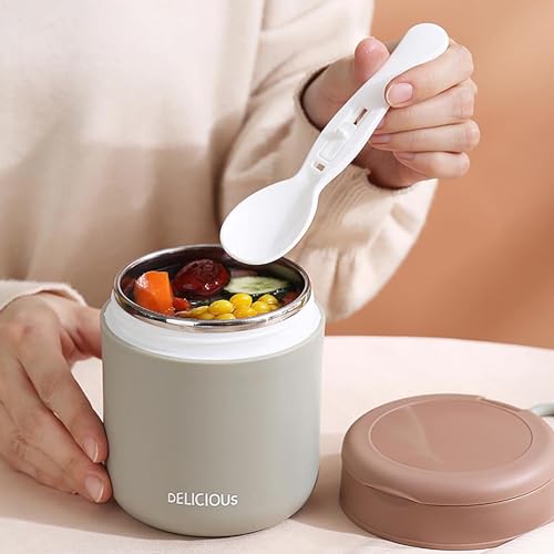 Image of Mug With Foldable Spoon, Stainless Steel Thermal Food Container Soup Cup Leak Proof Insulated Lunch Box Hot Cold Food For Office Picnic Travel.16 Oz. (Light Green), 430Ml