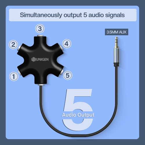 Image of UNIGEN Headphone Splitter,1 Male to 5 Port Female 3.5 mm Audio Headphone Stereo Audio Headset Adapter, Earbuds Earphones Plug 5 Way 1 Male to 4 Female Splitter with 3.5mm Stereo Cable