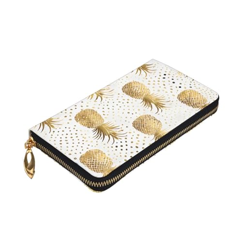 Gold Glitter Pineapples Fruit Print Men'S And Women'S Leather Wallet,Mobile Phone Bag,Soft Leather Printed Zipper Coin Purse,Multi Card Slot Wallet3