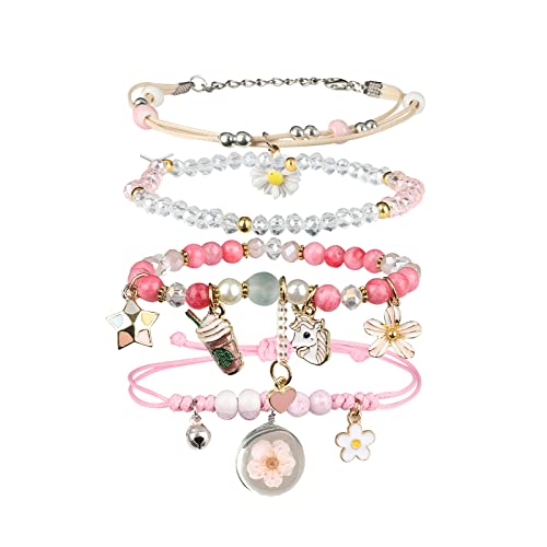 Zyllglow 4 Pcs Kawaii Crystal Pearl Bracelet Set - Cute Anime Elastic Beaded Bracelets For Girls And Women. Adjustable Charm Bracelets Perfect Birthady Gift For Friends And Teens. cover