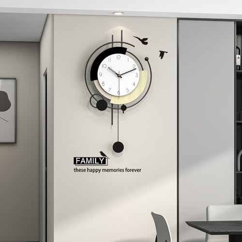 Modern Wall Clock for Living Room Decor Large Decorative Black Metal Wall Clock with Pendulum Battery Operated Non Ticking for Kitchen Office Bedroom 14 Inch Big Silent Clock for Home