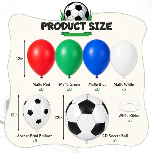 Image of Soccer Balloons, 12 Inch Red Green and Blue White Soccer Ball Balloons with 22 Inch Soccer Foil Print Balloon for Boys Men Sports Theme Baby Shower 1st Birthday Football Game Day Party Decorations