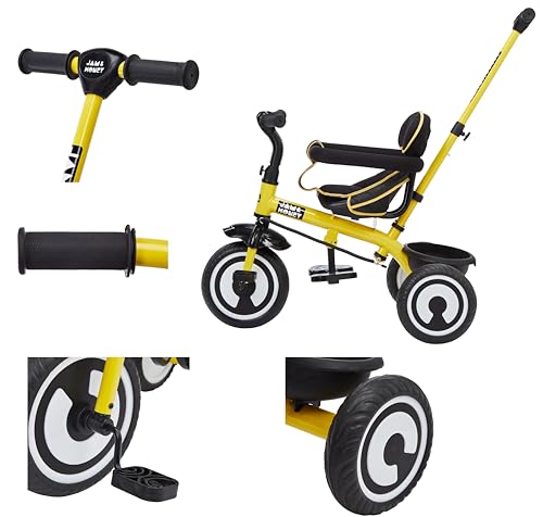 Image of Amazon Brand - Jam & Honey Tricycle for Kids | 2-in-1 with Pedalling and Parental Control Modes | Cushioned Seat | Guardrail & Anti-Slip Handle for Safety | for 2 Years+ Boys and Girls | Yellow