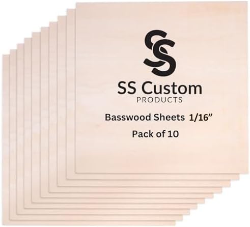 Basswood Sheets for Crafts - 10 Pack - 12 x 12 x 1/16 Inch - 1.5mm Thick Plywood Sheets with Smooth Surfaces - Bass Wood for Laser Cutting, Wood Burning, Architectural Models, Staining, Drawing