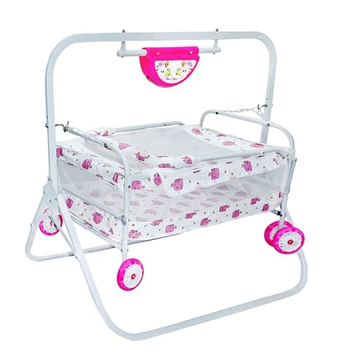 Image of BABYBLESSING Baby Cradle with Swing and Mosquito Net | with 4 Wheels | Foldable & Movable | Sturdy and Safe | Durable | Jhulla | Palna | Easy to use | Pink