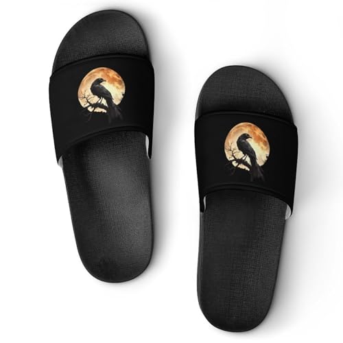 Crow Raven Moon House Slippers for Women Men Lightweight Open-toe Slide Shoes for Bathroom Swimming Beach