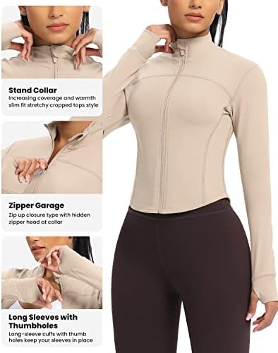 QUEENIEKE Workout Running Jackets for Women Zip Up Athletic Yoga Cropped Tops with Thumb Holes (Almond, S) — view 4