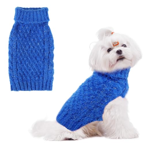 Image of Turtleneck Small Dog Sweaters - Classic Cable Knitwear Winter Coat for Small Medium Dogs Male Female Puppy Dog Cold Weather Clothes Girls Boys, Blue, S