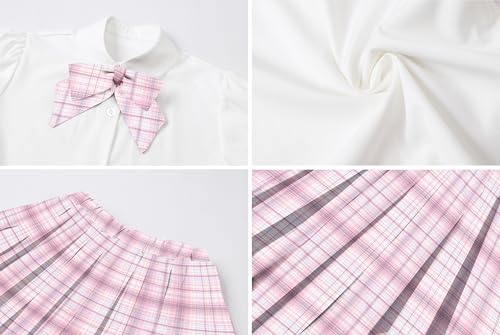 Image of Betusline Girls Skirt Set JK School Uniform 2-Piece Outfit - Short Sleeve Shirt with Bow & Pleated Skirt 4T-14Y
