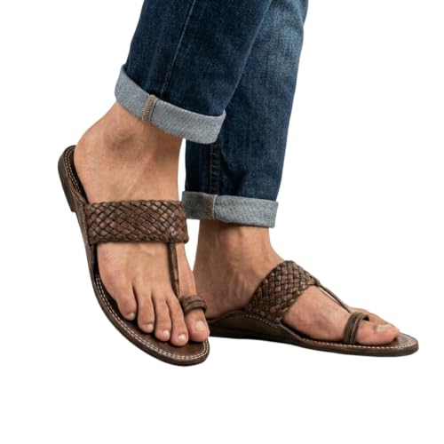 Image of Agadi Men's Kolhapuri Style Sandals | Handcrafted Woven Strap Toe Ring Chappals | Comfortable Ethnic & Casual Slip-On Footwear for Men