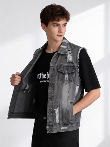 Image of Men's Sleeveless Ripped Denim Vest Casual Slim Fit Button Down Jeans Vests Jacket