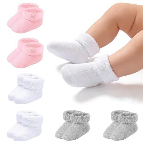 Mini angel Baby Socks 0-3 Months Newborn Preemie Terry Cotton Turn Cuff Sock Infant Girls Boys Ankle Socks 6 Pairs(White/Grey/Pink XS)