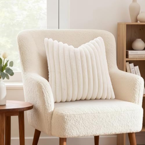Image of decorUhome Fall Cozy Faux Fur Throw Pillow Covers 20x20 Set of 2 Decorative Soft Plush Striped Modern Farmhouse Boho Couch Pillow Cases with Velvet Back for Sofa Bed Living Room, Cream White