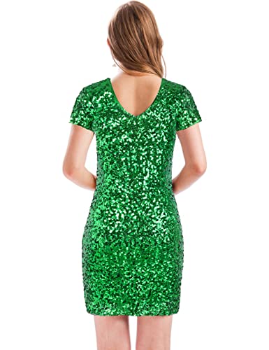 Image of MANER Women's Sequin Glitter Short Sleeve Dress Sexy V Neck Mini Party Club Bodycon Dresses