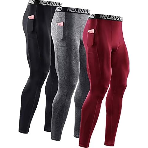NELEUS Men's 3 Pack Dry Fit Compression Pants Running Tights with Pocket,6069,Black/Grey/Red,US L,EU XL Cover
