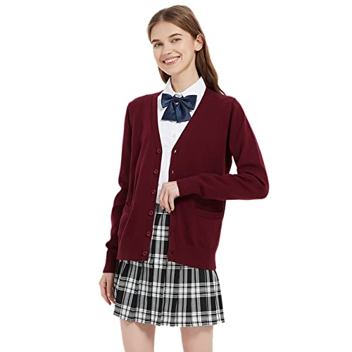 Image of Blostirno Women's Cardigan School Uniform Sweater Cardigans V-Neck Long Sleeve Button Down Knit with Pockets